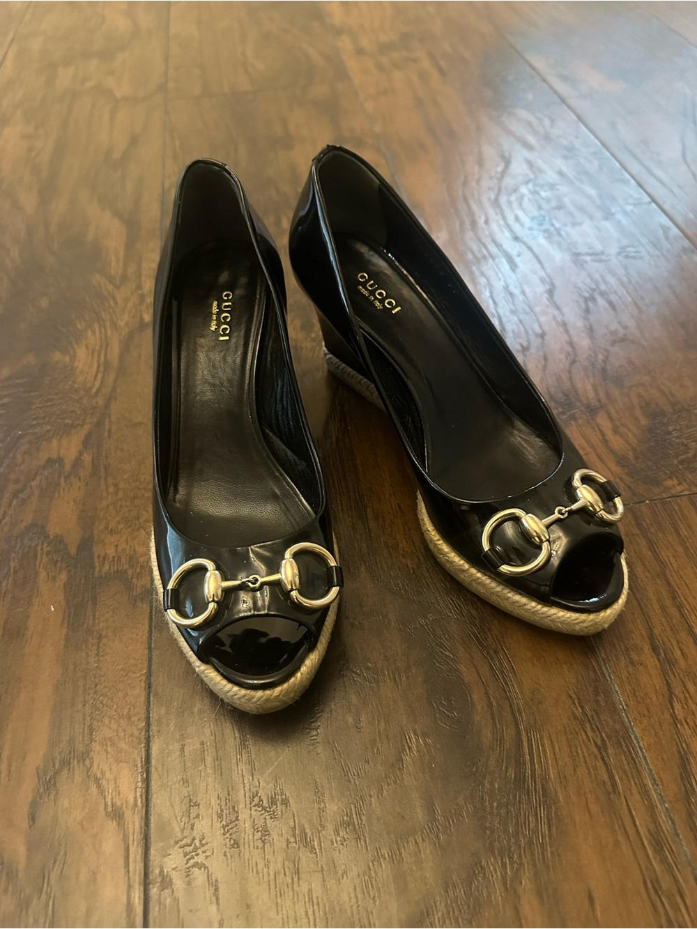 Gucci Black Patent Leather Horsebit Wedge Peep-Toe Shoes